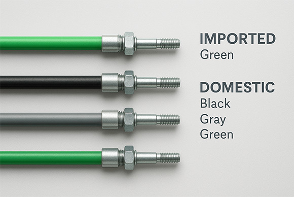 Push-pull control cable outer casing colors – green for imported, black/gray/green for domestic options